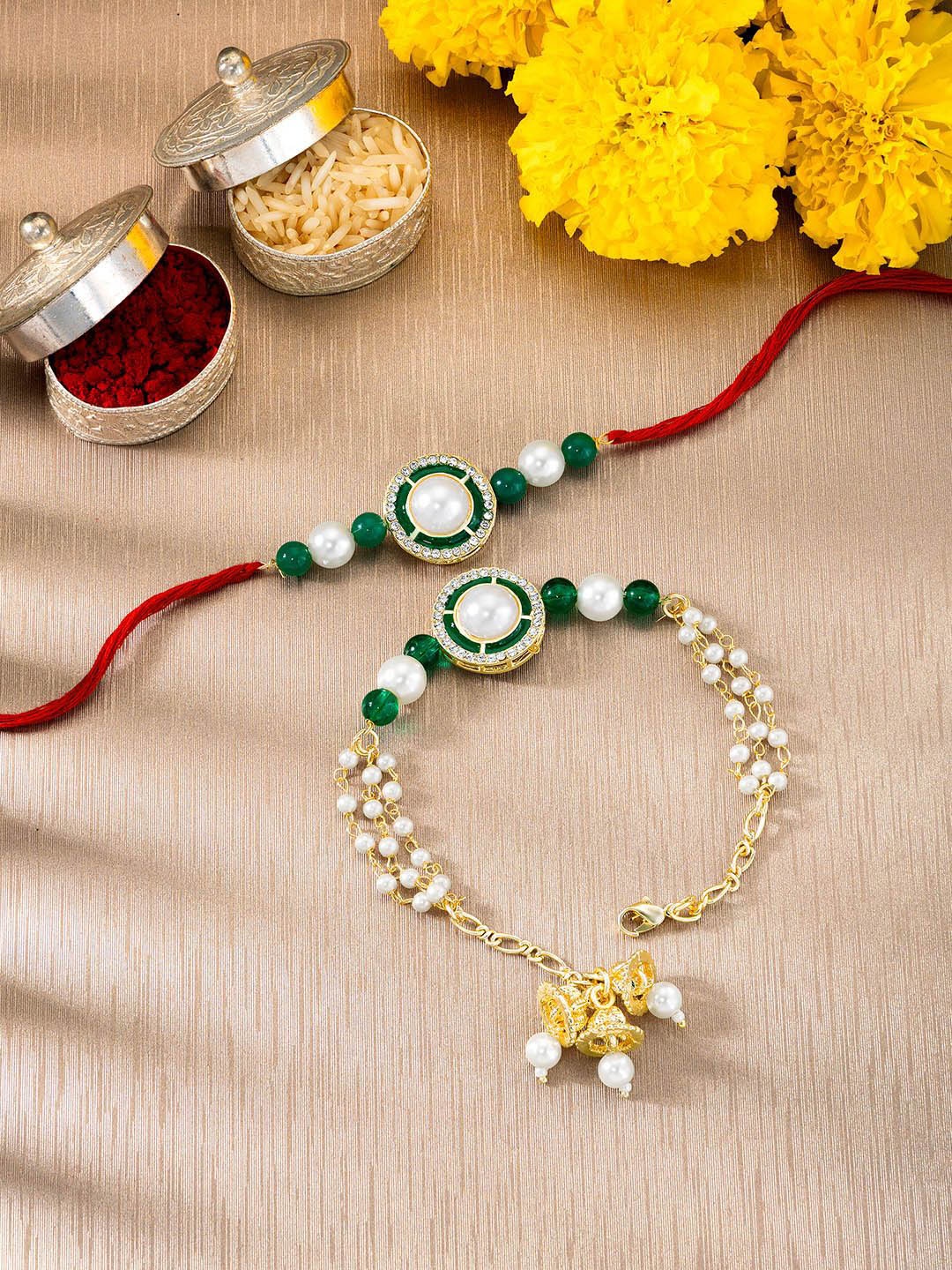 

Peora Stones Studded & Beaded Bhaiya Bhabhi Thread Rakhis With Roli Chawal & Greeting Card, Red