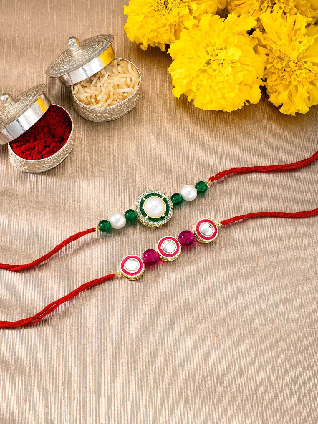 

Peora Set Of 2 Stones Studded & Beaded Thread Rakhis With Roli Chawal & Greeting Card, Green