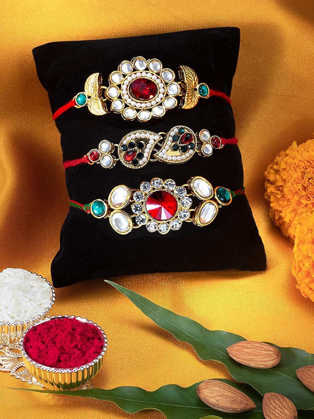 

Peora Set Of 3 Stones Studded & Beaded Thread Rakhis With Roli Chawal & Greeting Card, White