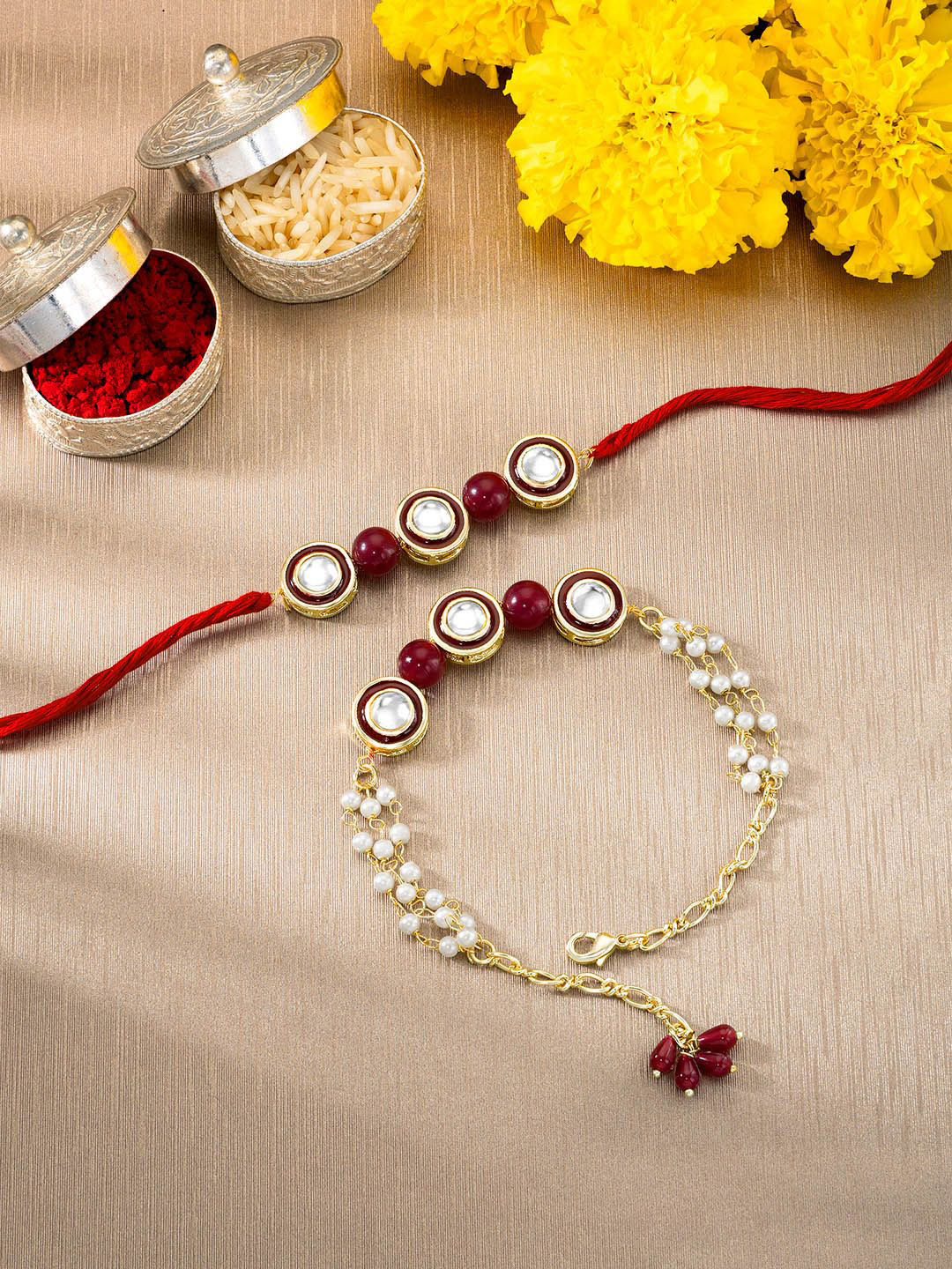 

Peora Stones Studded & Beaded Bhaiya Bhabhi Thread Rakhis With Roli Chawal & Greeting Card, Maroon