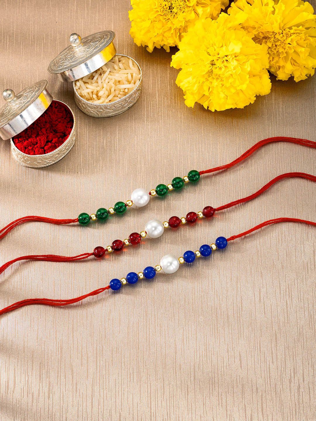 

Peora Set Of 3 Beaded Thread Rakhis With Roli Chawal & Greeting Card, Green