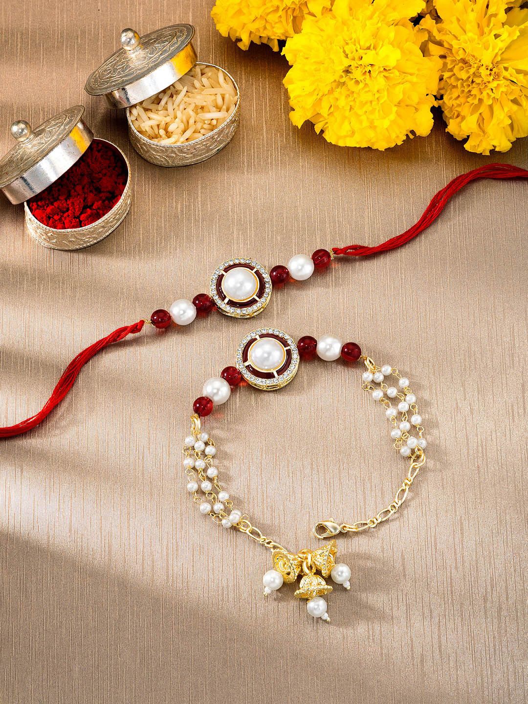 

Peora Stones Studded & Beaded Bhaiya Bhabhi Thread Rakhis With Roli Chawal & Greeting Card, Maroon