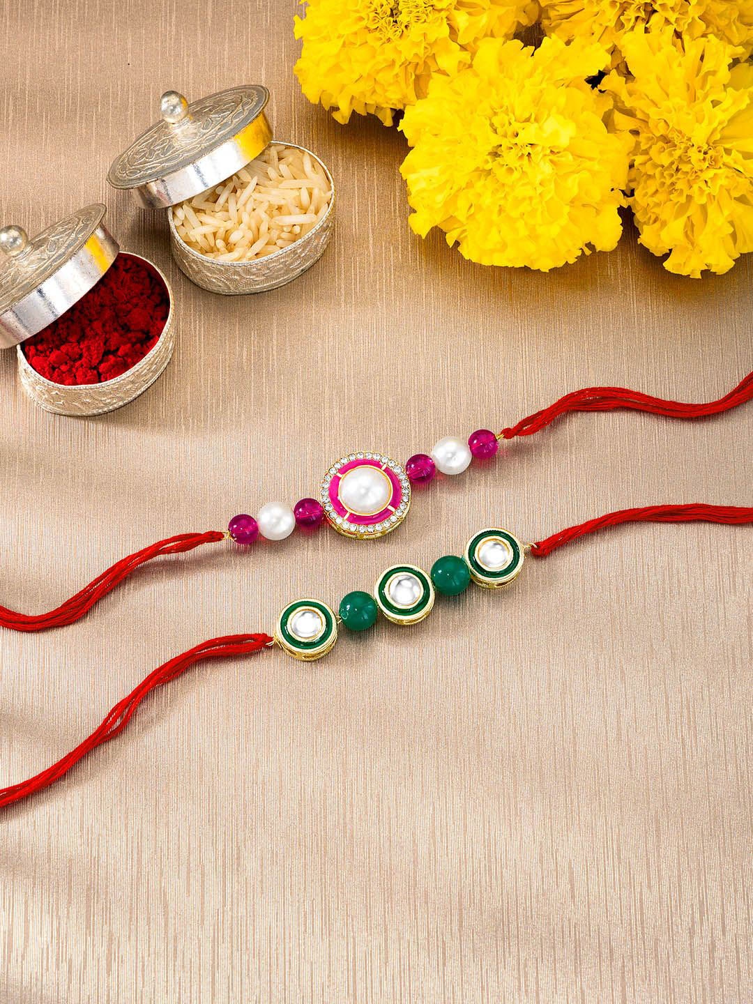 

Peora Set Of 2 Stones Studded & Beaded Thread Rakhis With Roli Chawal & Greeting Card, Pink