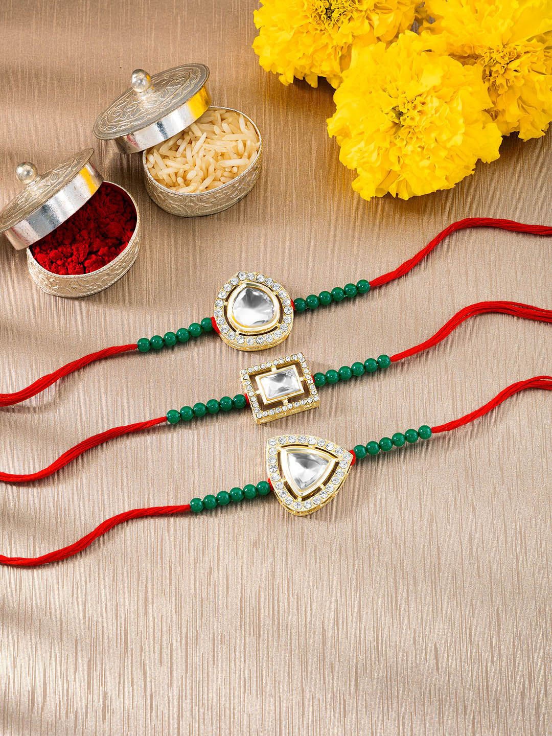 

Peora Set Of 3 Crystal Studded & Beaded Thread Rakhis With Roli Chawal & Greeting Card, White