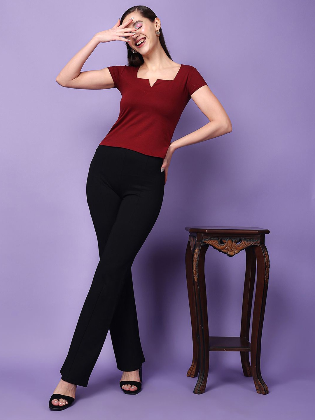 

Cation Women Solid Square Neck Top, Maroon