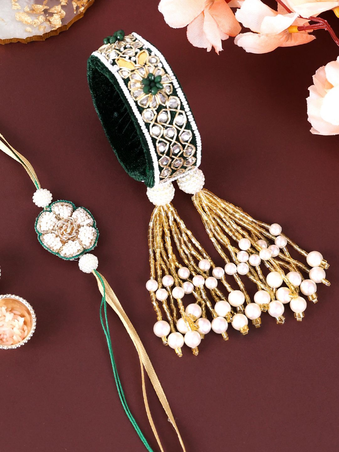 

PANASH Beaded Gold Plated Bhaiya Bhabhi Rakhis With Roli Chawal