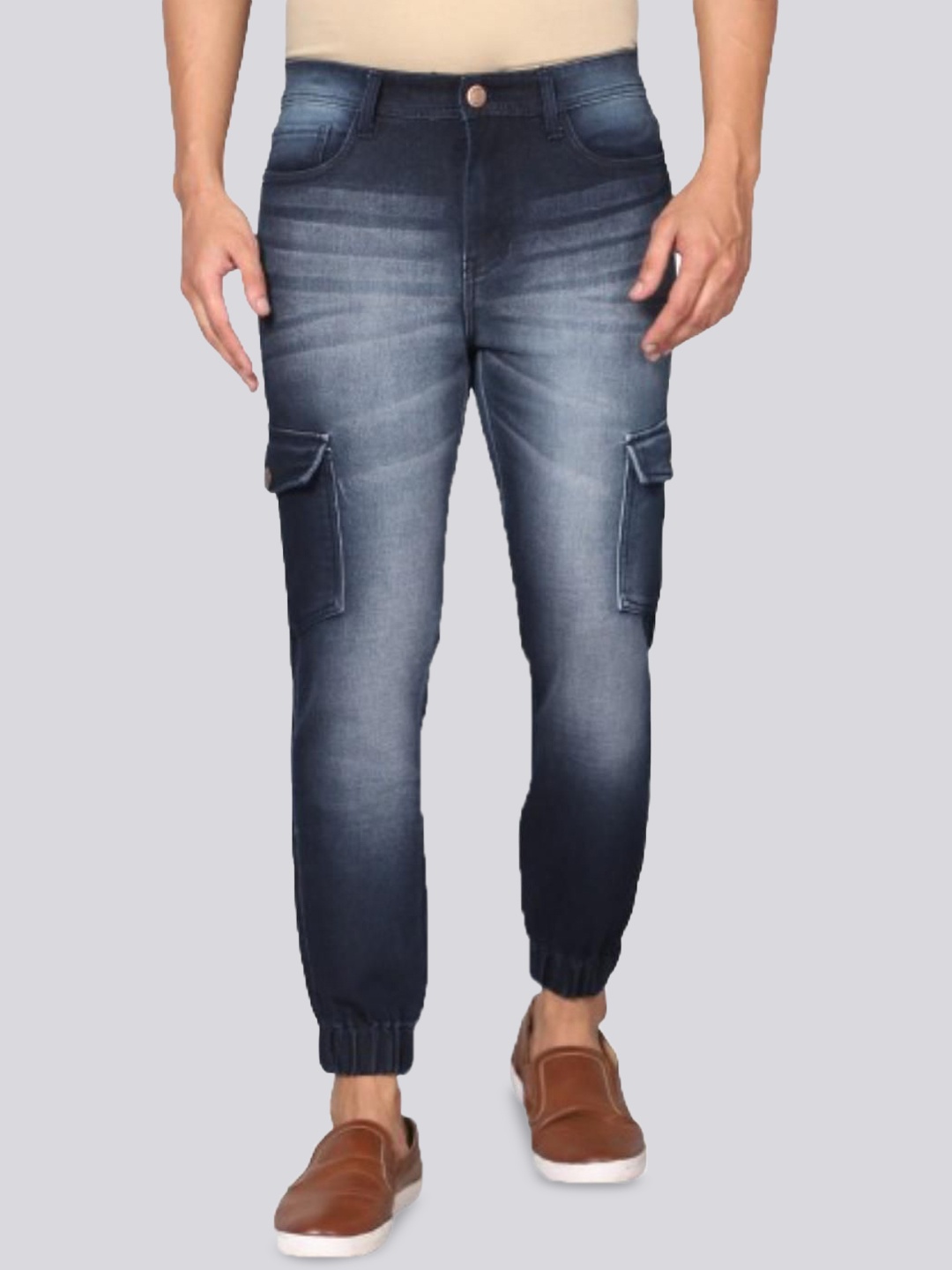 

RJ Denim Men Slim Fit Low Distress Mid-Rise Heavy Fade Stretchable Jeans, Navy blue