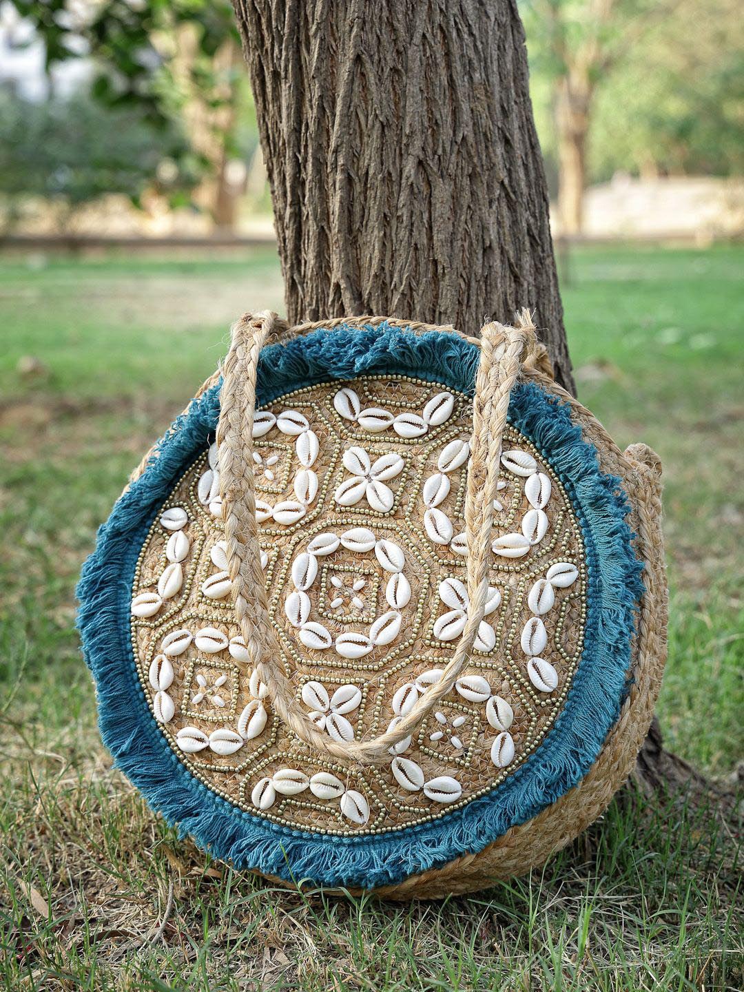 

Anekaant Sisal Embellished Structured Jute Handheld Bag With Fringes, Beige