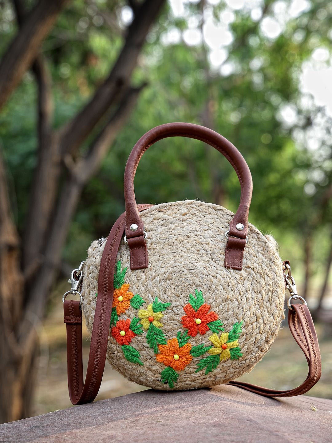 

Anekaant Floral Embroidered Structured Handheld Bag, Beige