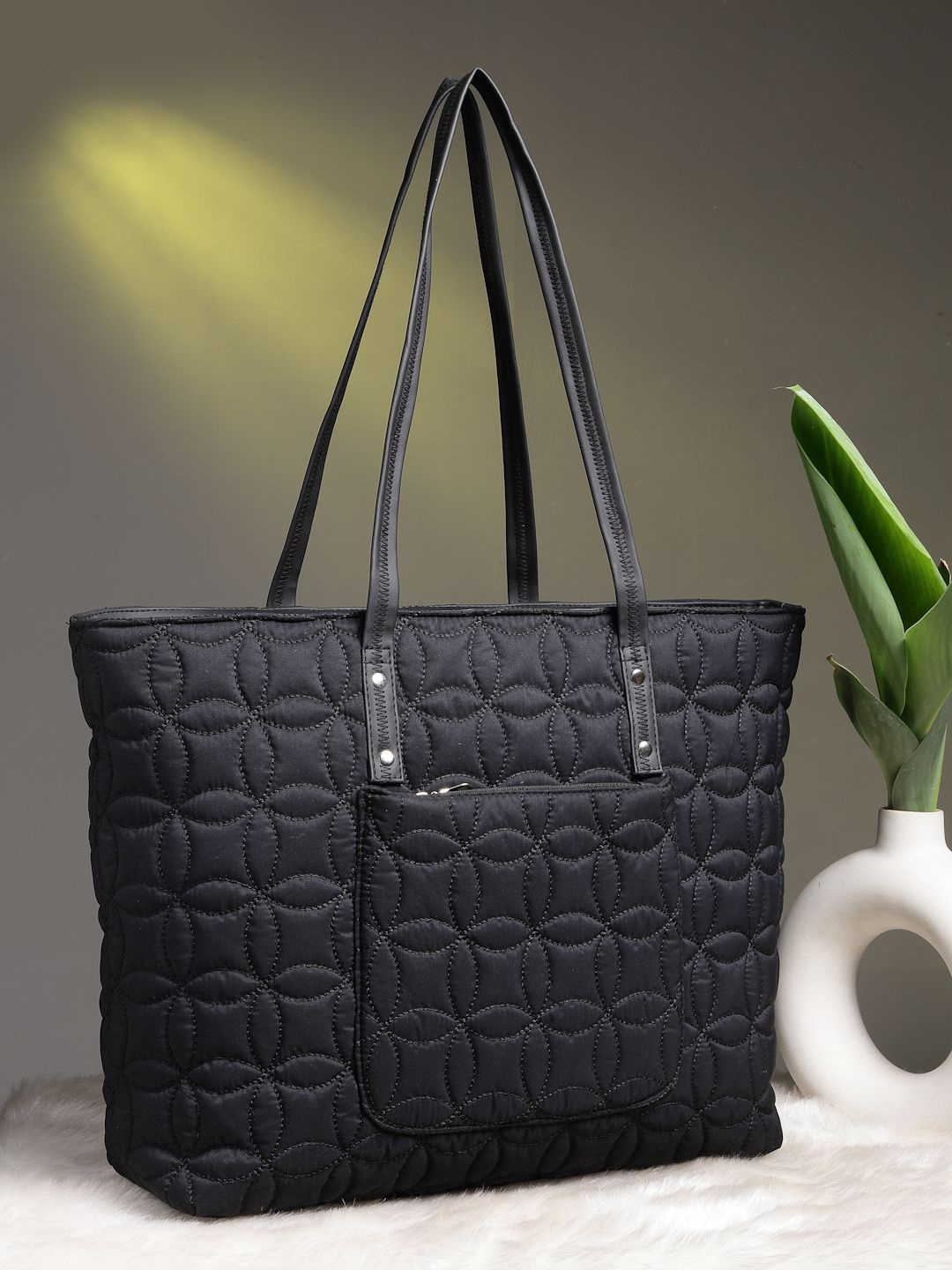 

Anekaant Women Floral Textured Structured Tote Bag With Quilted, Black