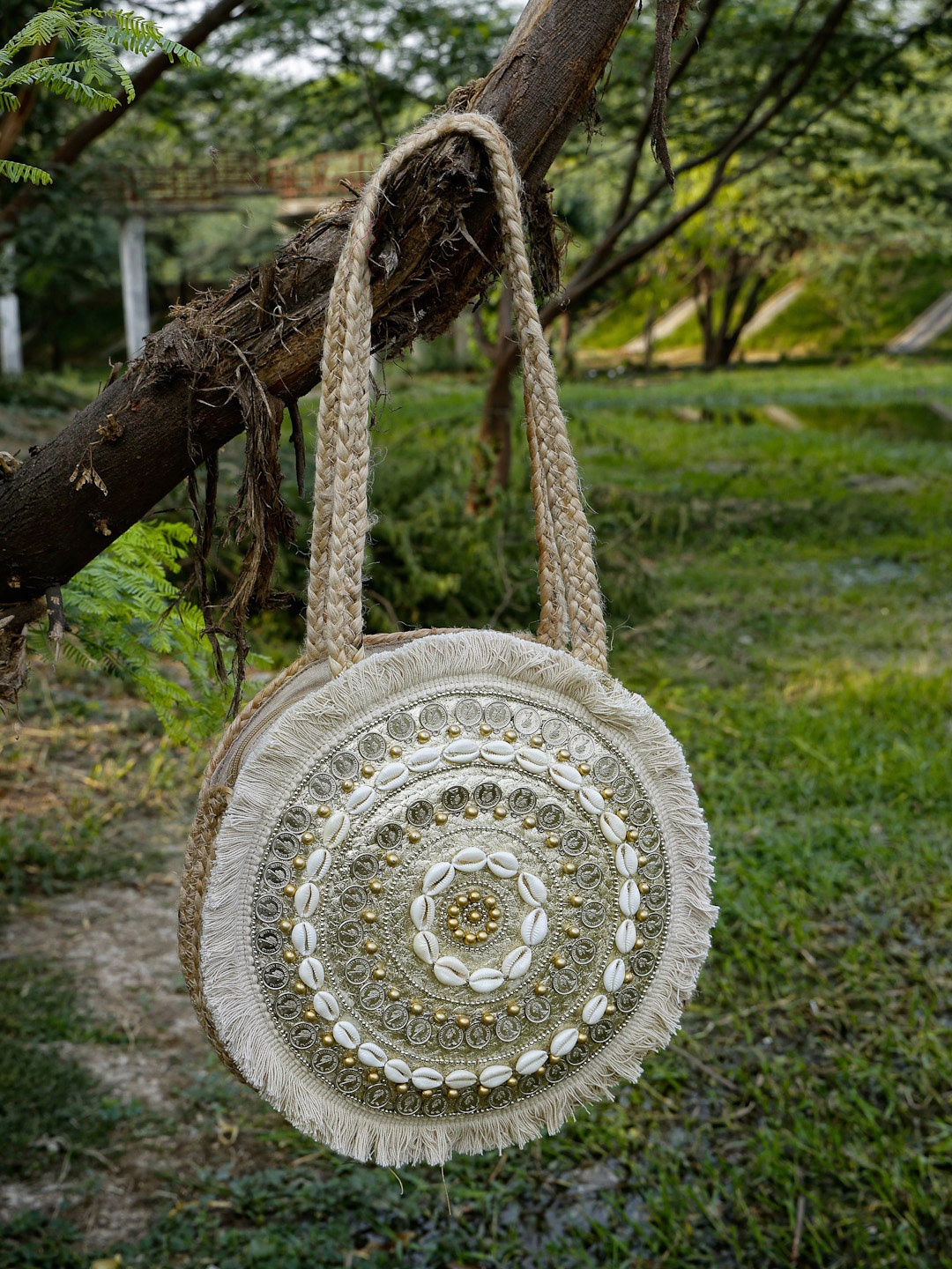 

Anekaant Sisal Mandala Embellished Structured Jute Handheld Bag With Fringes, Silver