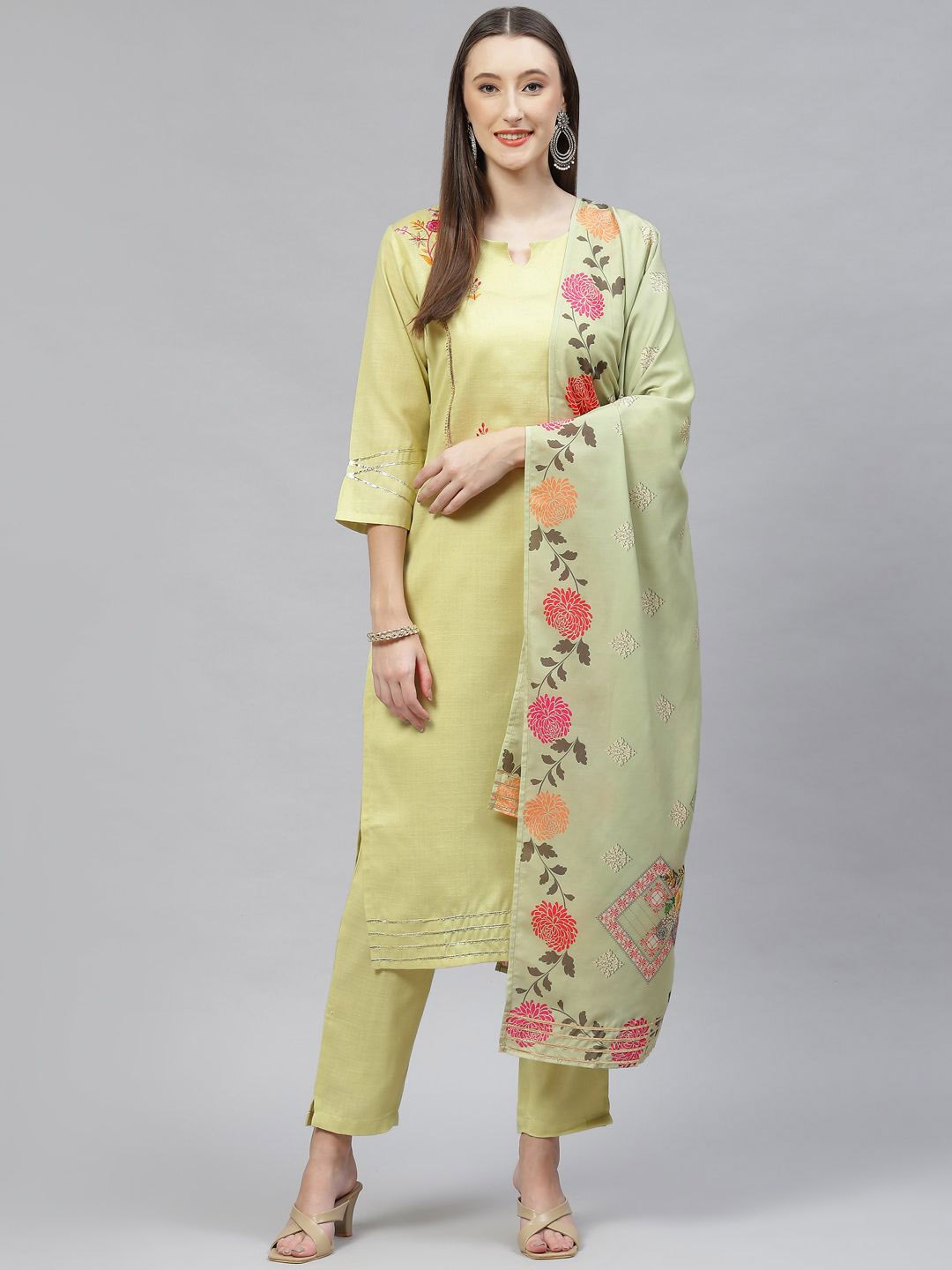 

KALINI Ethnic Motifs Embroidered Straight Gotta Patti Kurta with Trousers & Dupatta, Green