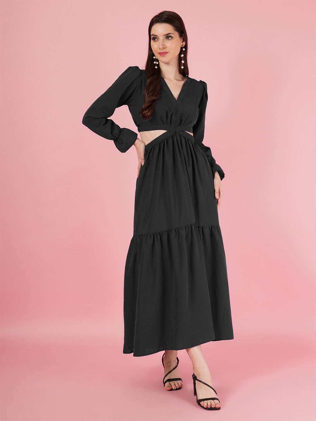 

Femvy Women Cut-Outs Details Tiered Fit & Flare Maxi Dress, Black