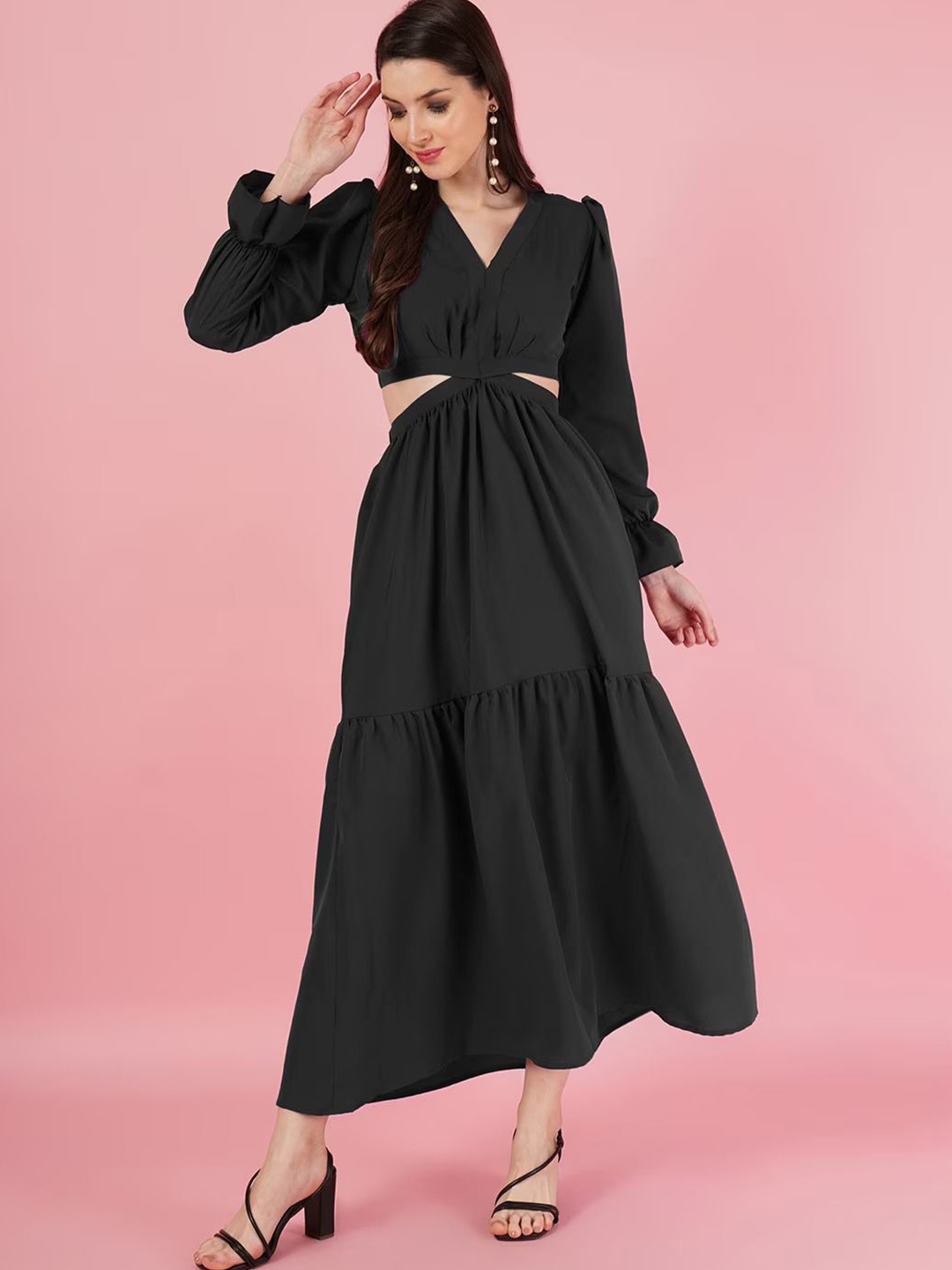 

Femvy Puff Sleeve Fit and Flare Maxi Dress, Black