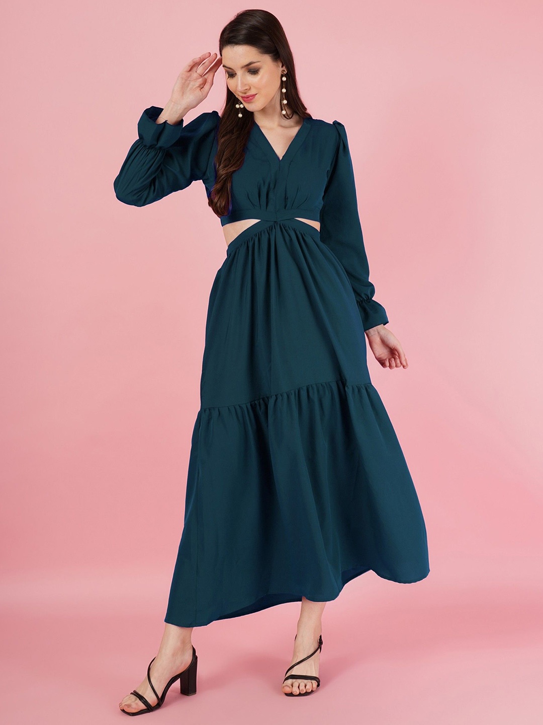 

Femvy Puff Sleeve Applique Maxi Dress, Blue