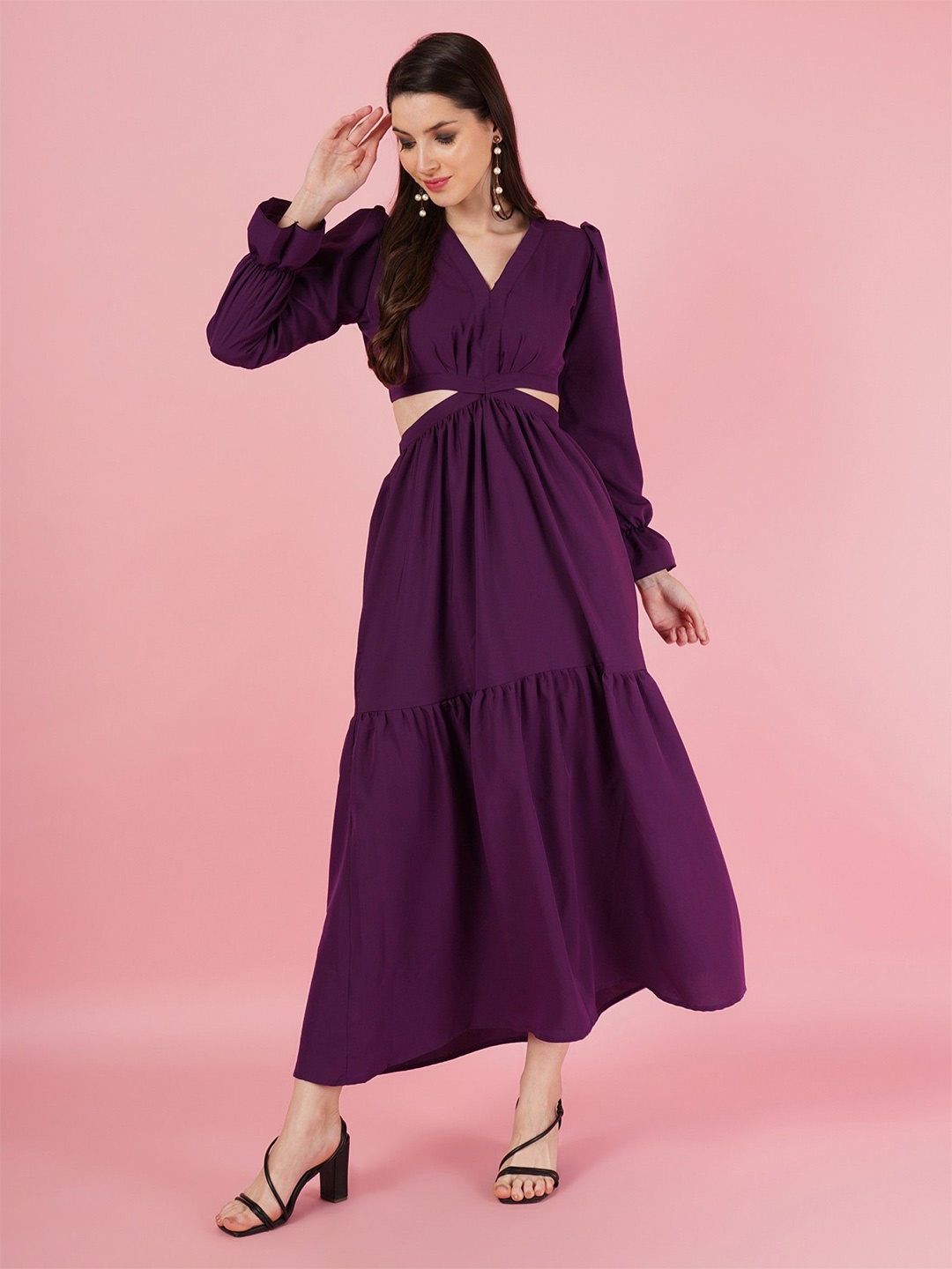 

Femvy Women Puff Sleeve Maxi Fit and Flare Dress, Magenta