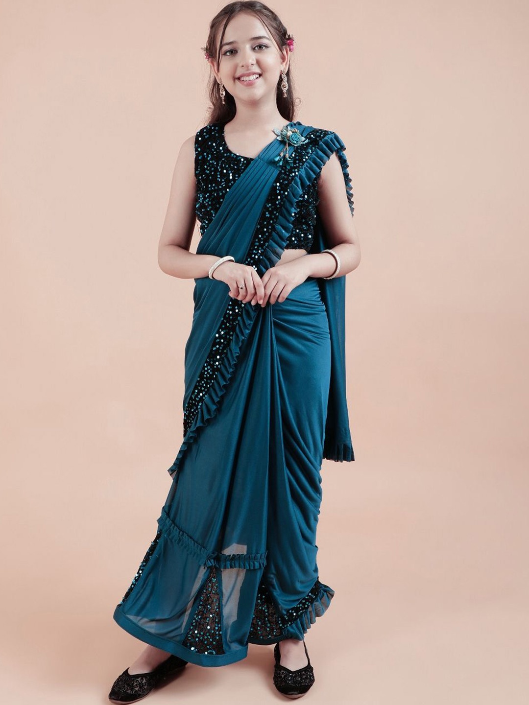 

Shrithi Fashion Fab Sequinned Ready to Wear Ruffle Saree for Girls, Teal