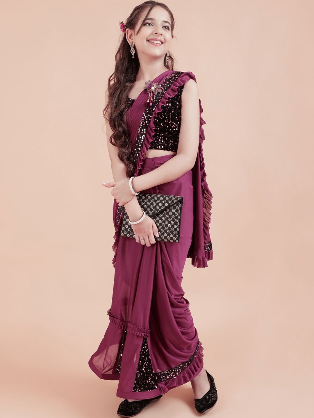 

Shrithi Fashion Fab Sequinned Ready to Wear Ruffle Saree for Girls, Purple