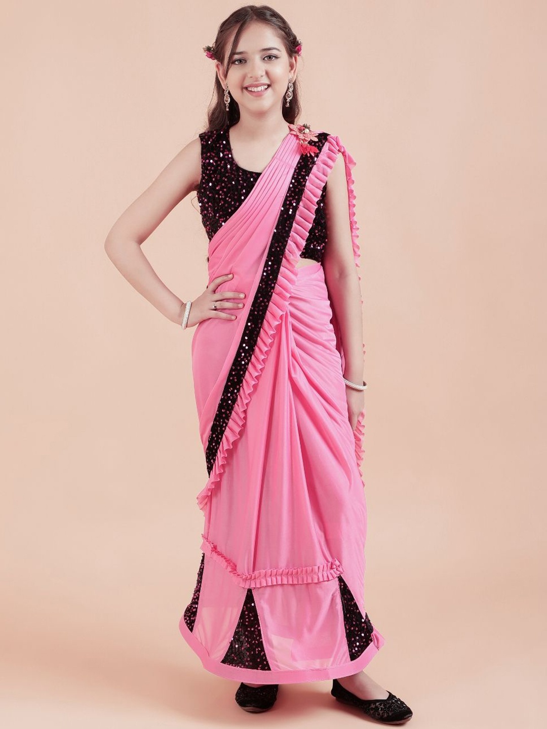 

Shrithi Fashion Fab Sequinned Ready to Wear Ruffle Saree for Girls, Pink