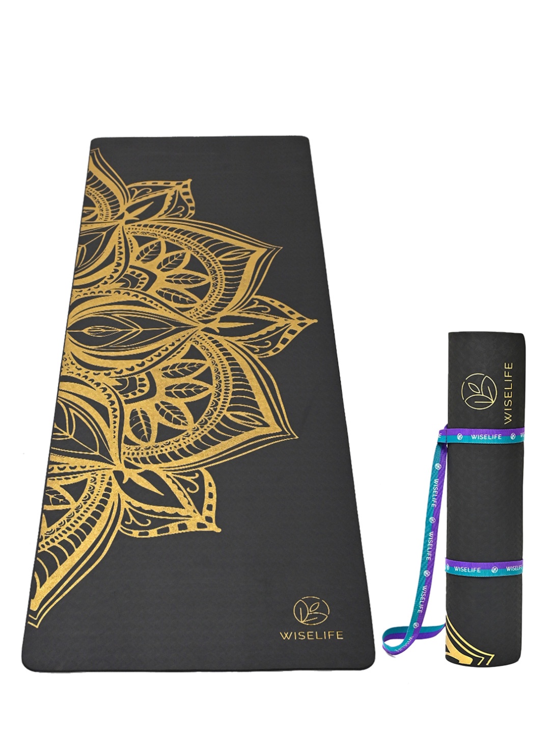 

WiseLife Black & & Gold Toned Printed Rectangular Anti-Skid Yoga Mat With Sleek Strap