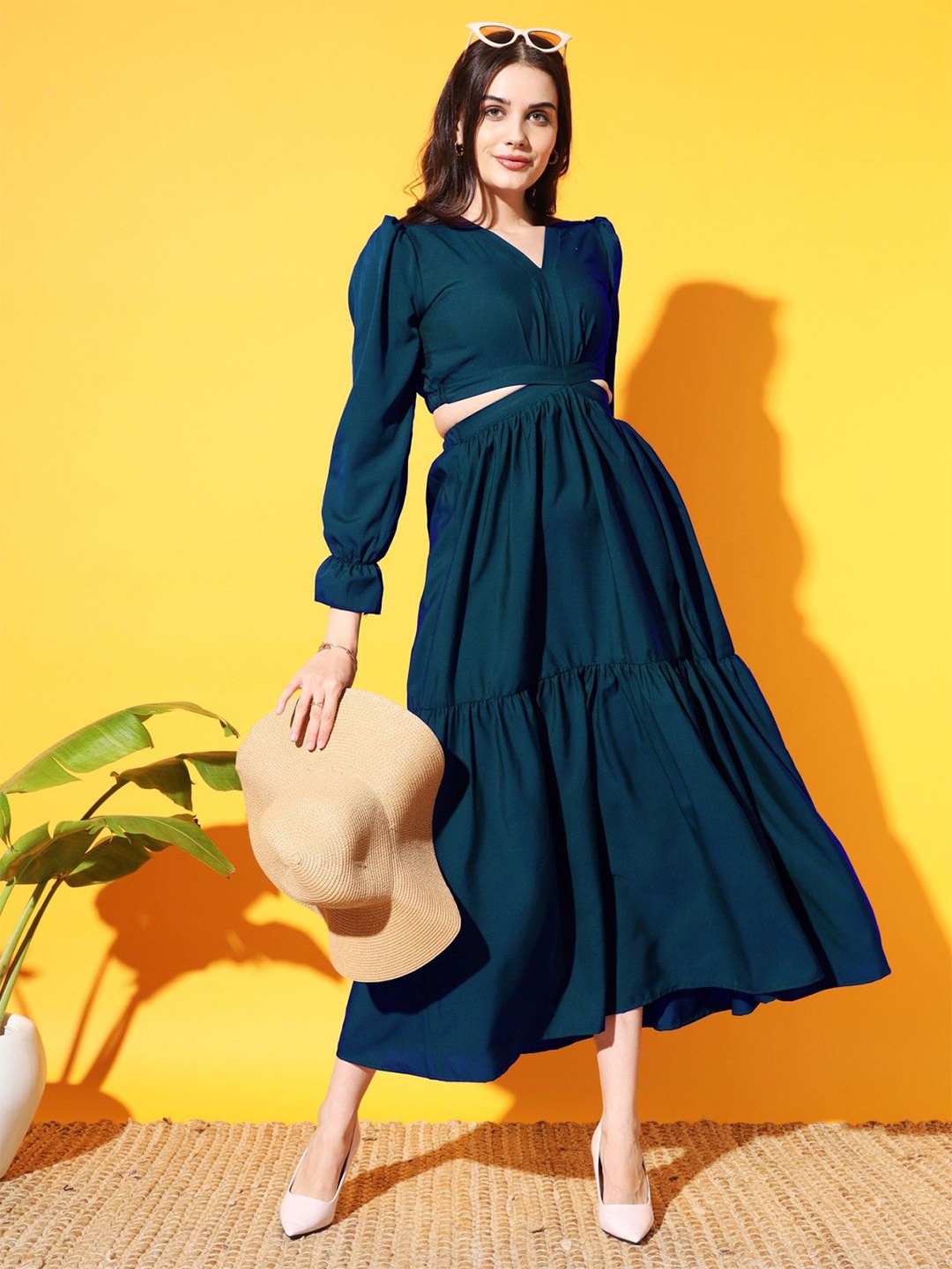 

Femvy Women Solid Puff Sleeve Long Sleeves V-Neck Maxi Midi Dress, Blue