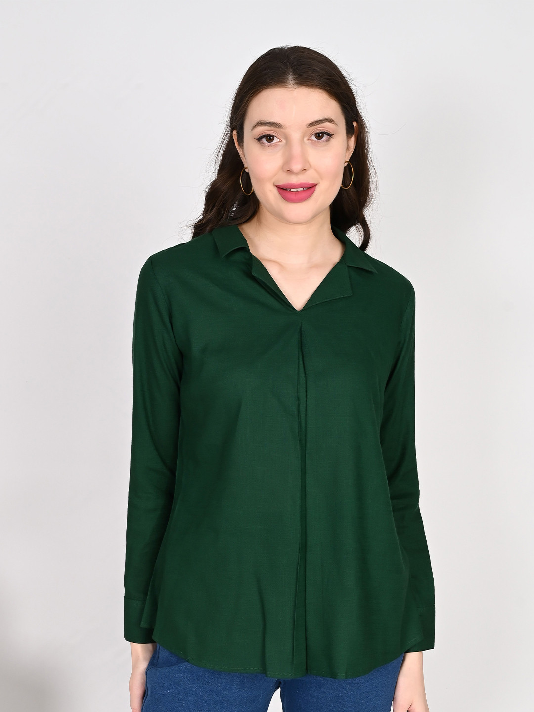 

aaivan Women Solid Shirt Collar Top, Green