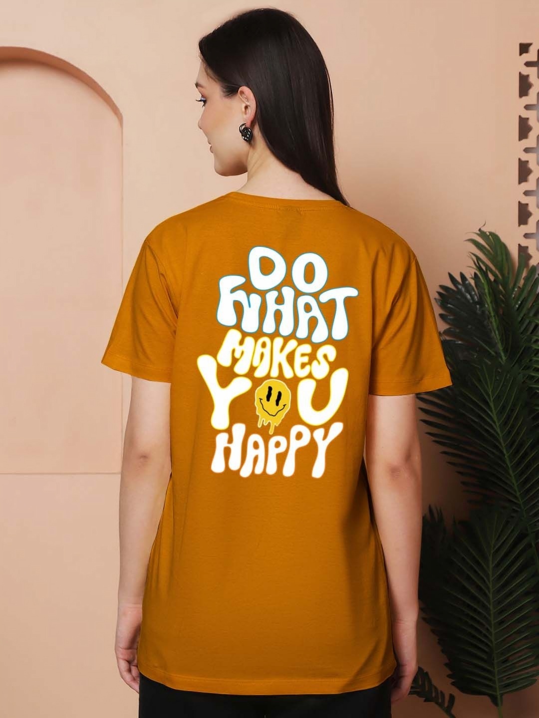 Friskers Women Graphic Printed Round Neck Cotton Oversized T-Shirt, Mustard