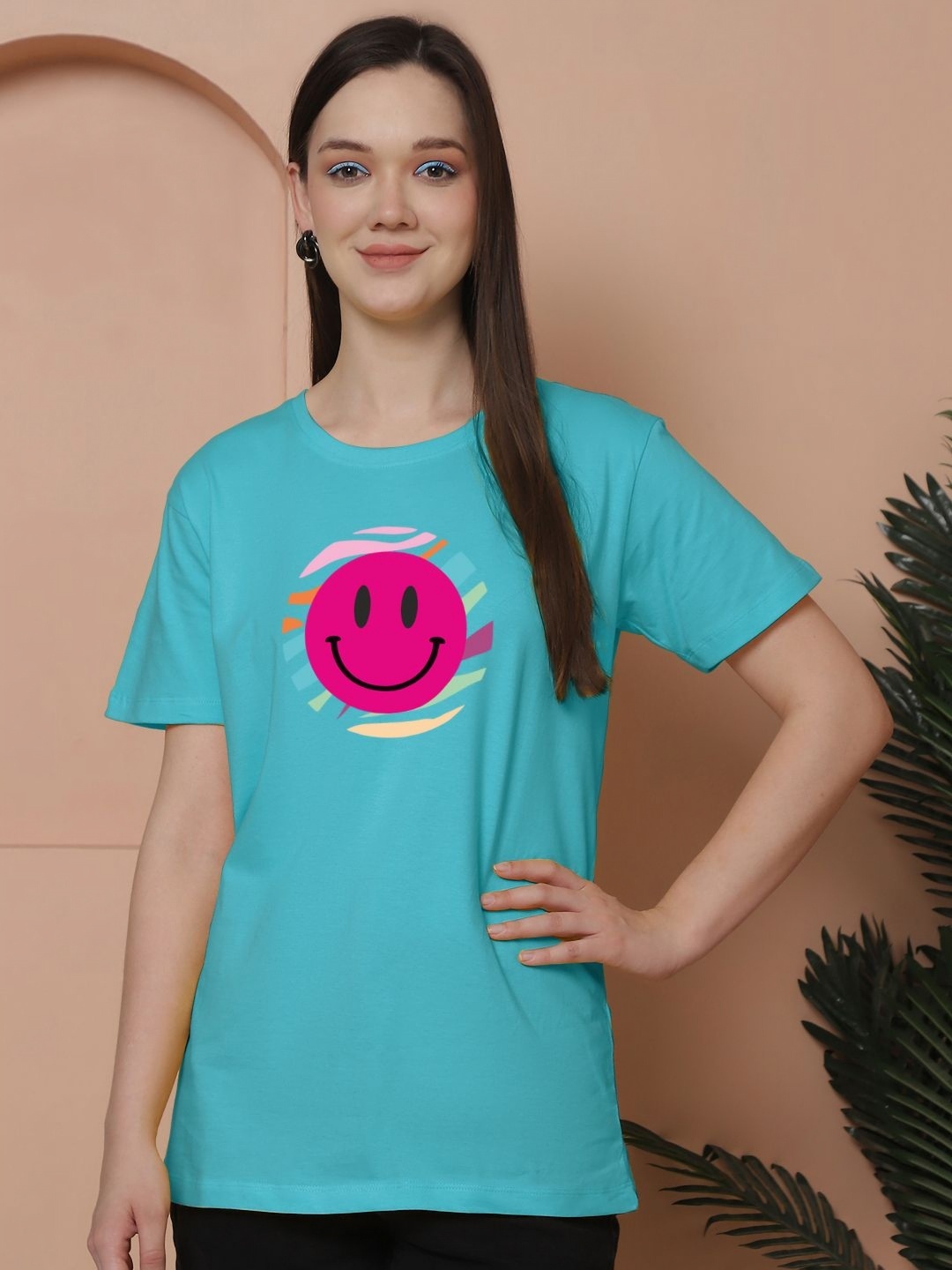 

Friskers Women Graphic Printed Round Neck Cotton Oversized T-Shirt, Turquoise blue