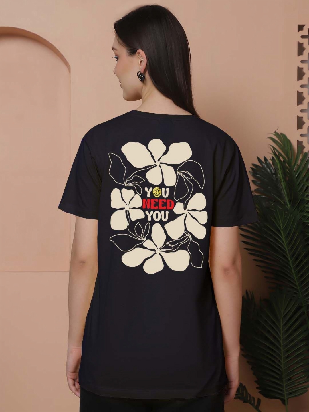 

Friskers Women Graphic Printed Round Neck Cotton Oversized T-Shirt, Navy blue