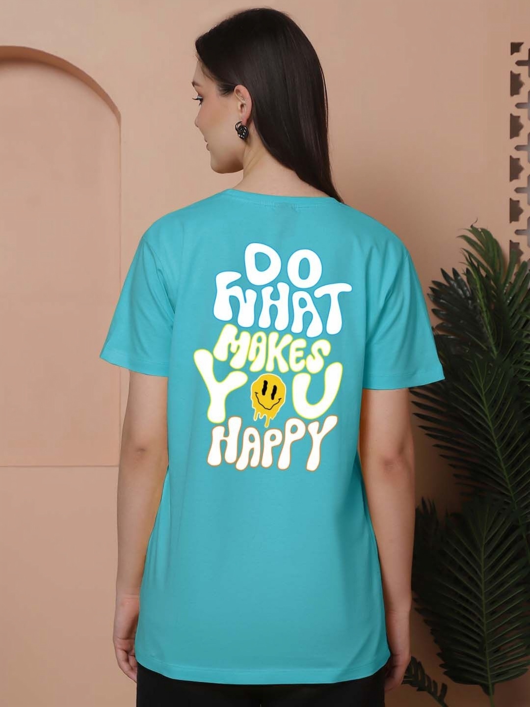 

Friskers Women Graphic Printed Round Neck Cotton Oversized T-Shirt, Turquoise blue