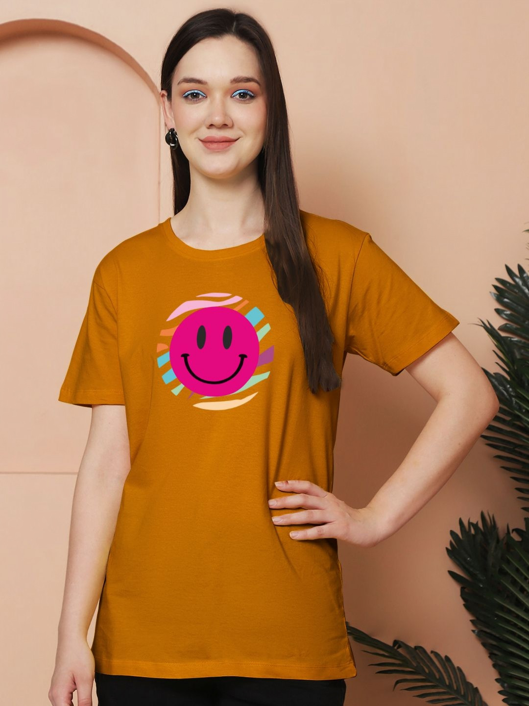

Friskers Women Graphic Printed Round Neck Cotton Oversized T-Shirt, Mustard