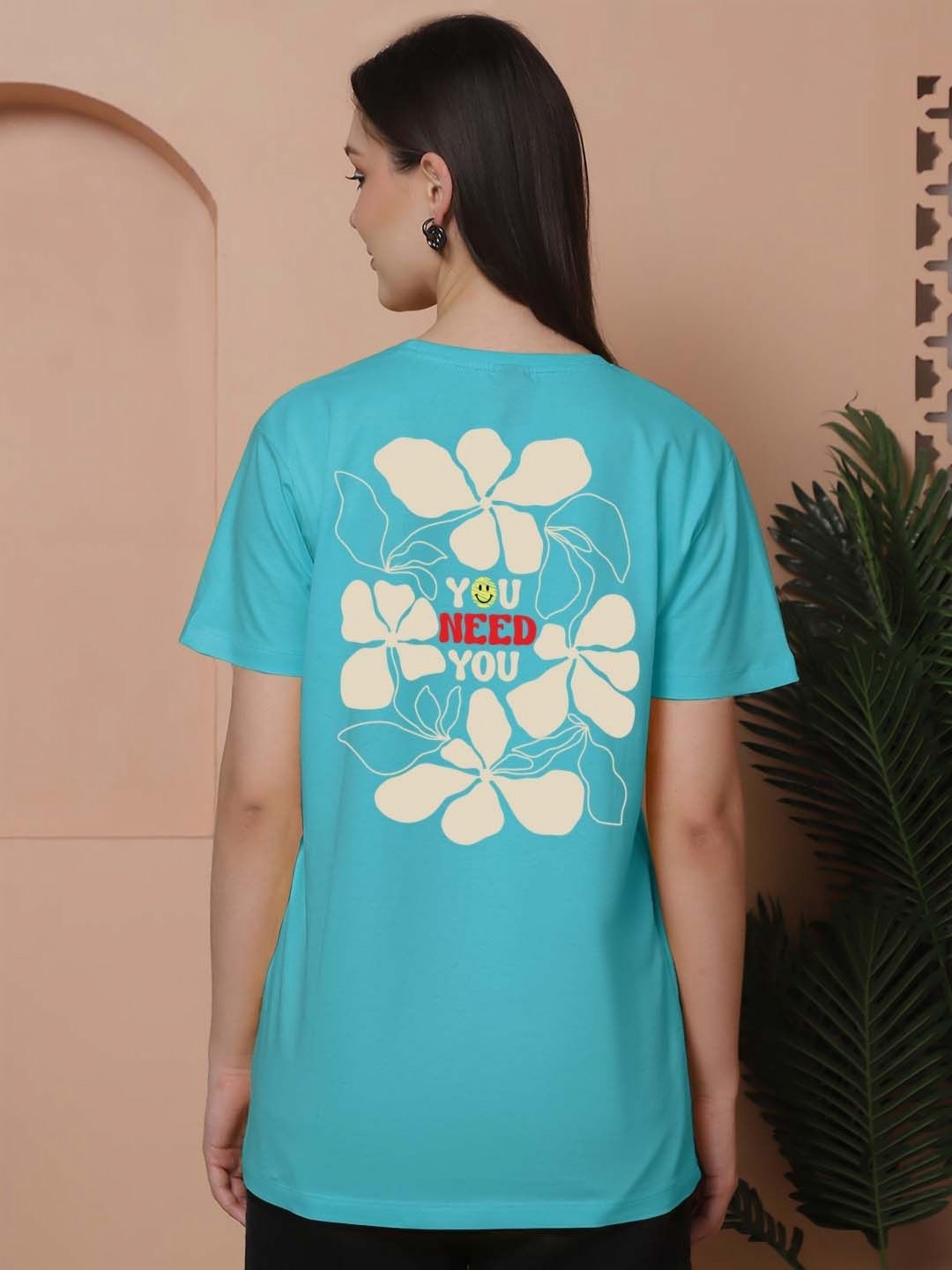 

Friskers Women Graphic Printed Round Neck Cotton Oversized T-Shirt, Turquoise blue