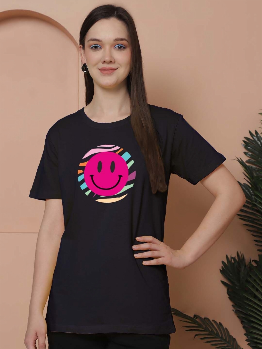 

Friskers Women Graphic Printed Round Neck Cotton Oversized T-Shirt, Navy blue