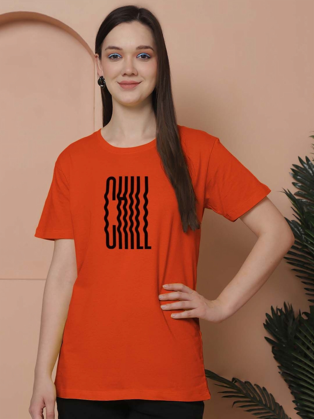 

Friskers Women Graphic Printed Round Neck Cotton Oversized T-Shirt, Orange