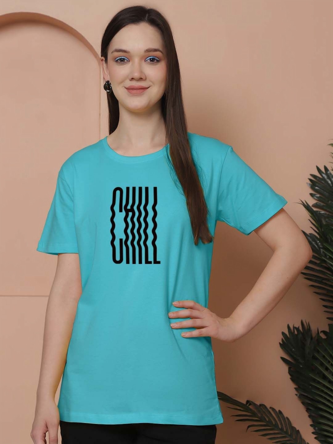 

Friskers Women Graphic Printed Round Neck Cotton Oversized T-Shirt, Turquoise blue