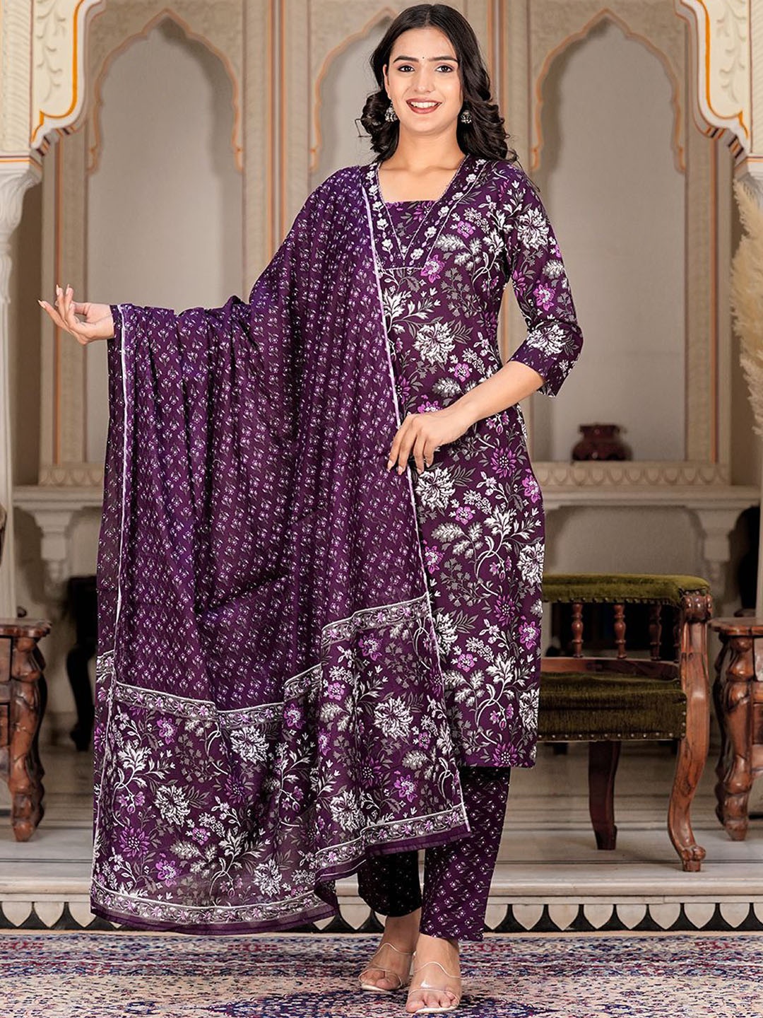 

Chandbaali Floral Embroidered Mirror Work Pure Cotton Kurta With Trousers & & Dupatta, Violet