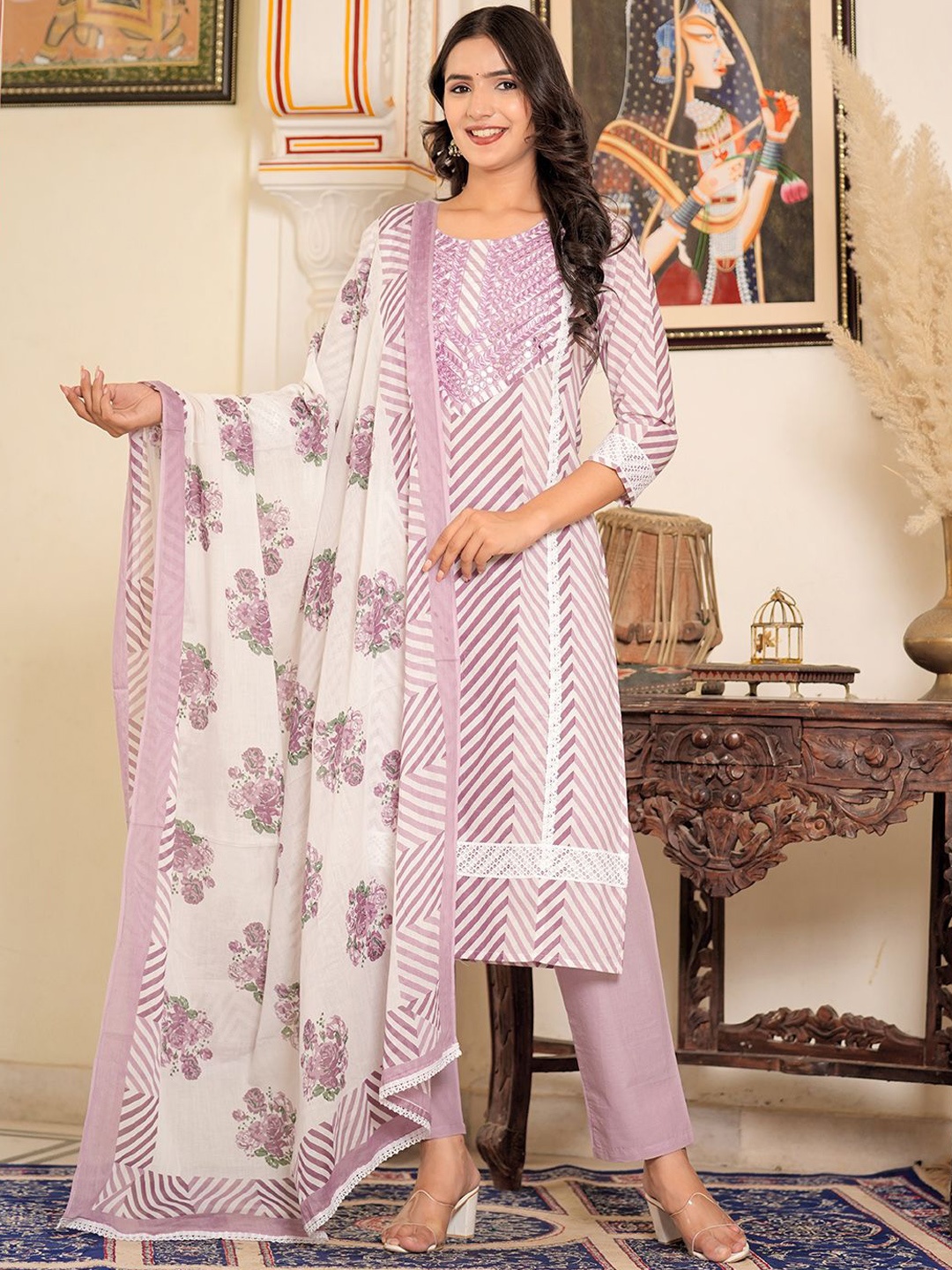 

Chandbaali Striped Straight Thread Work Pure Cotton Kurta with Trousers & Dupatta, Purple