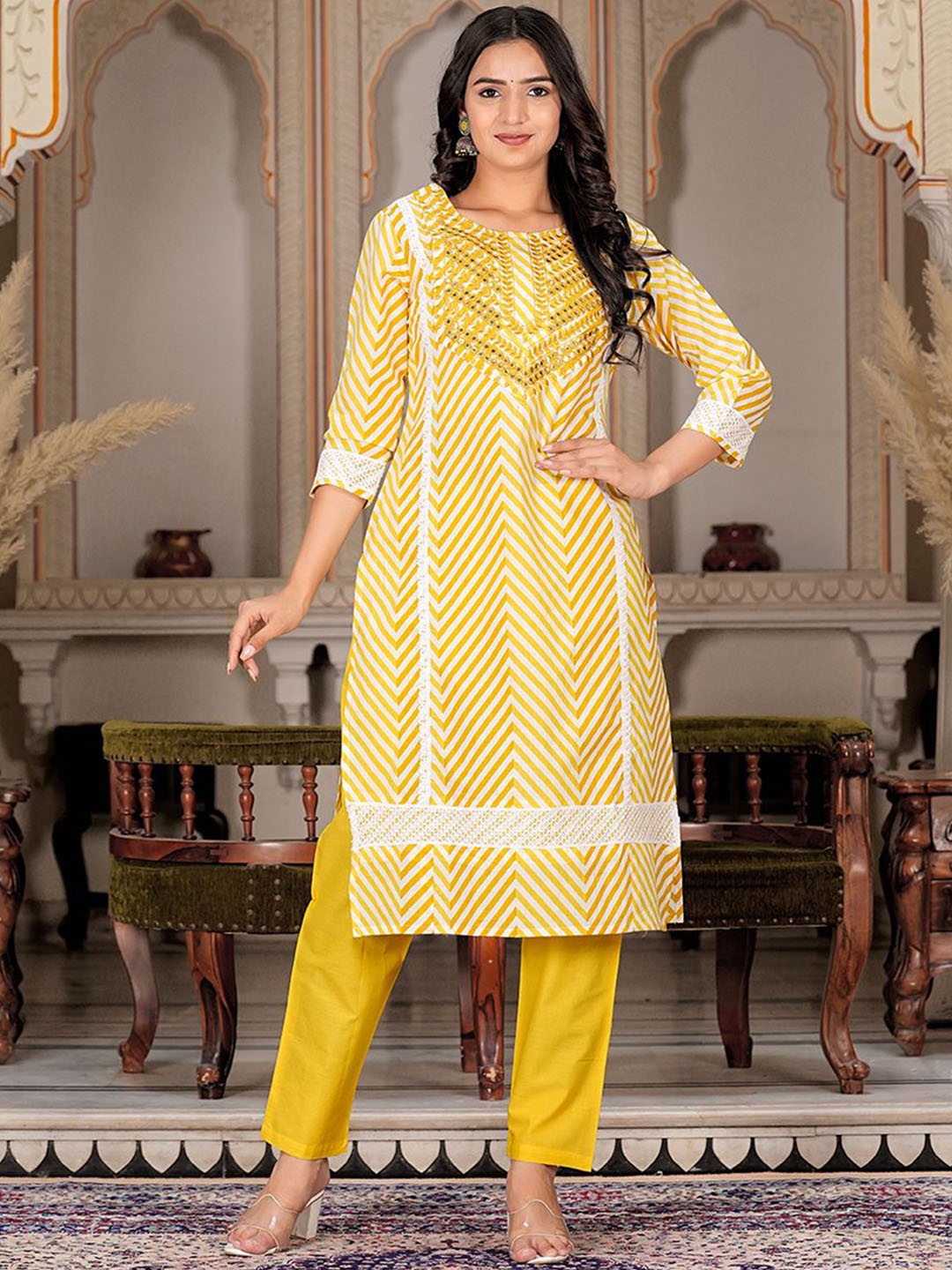 

Chandbaali Chevron Printed Mirror Work Pure Cotton Straight Kurta With Trousers & Dupatta, Yellow