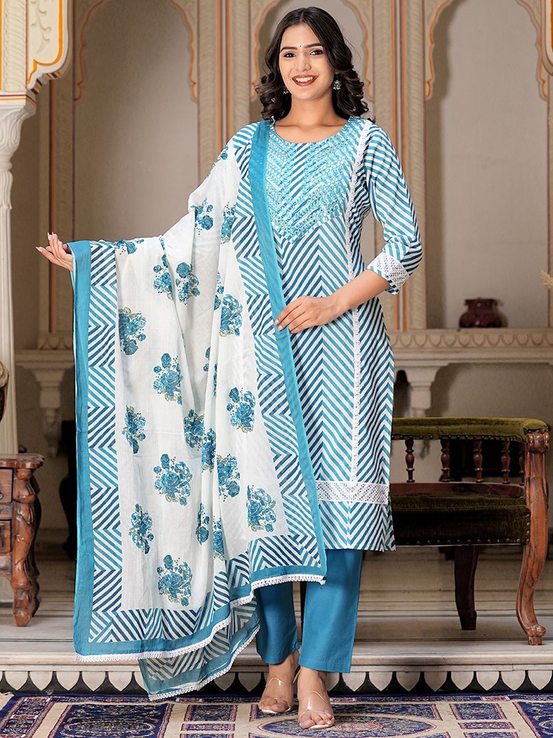 

Chandbaali Floral Embroidered Mirror Work Pure Cotton Kurta With Trousers & Dupatta, Blue