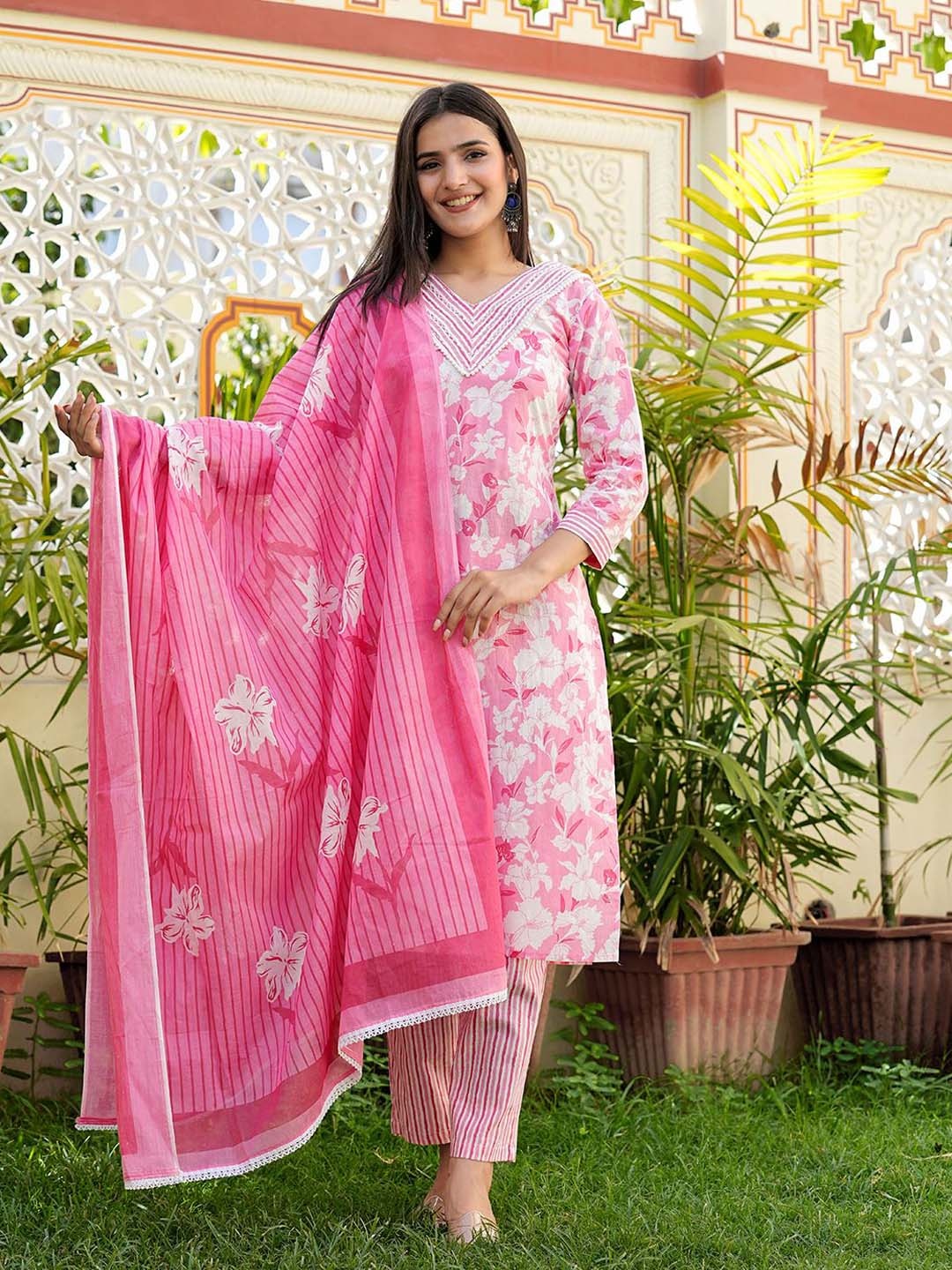 

KALINI Floral Printed Straight Thread Work Pure Cotton Kurta with Trousers & Dupatta, Pink