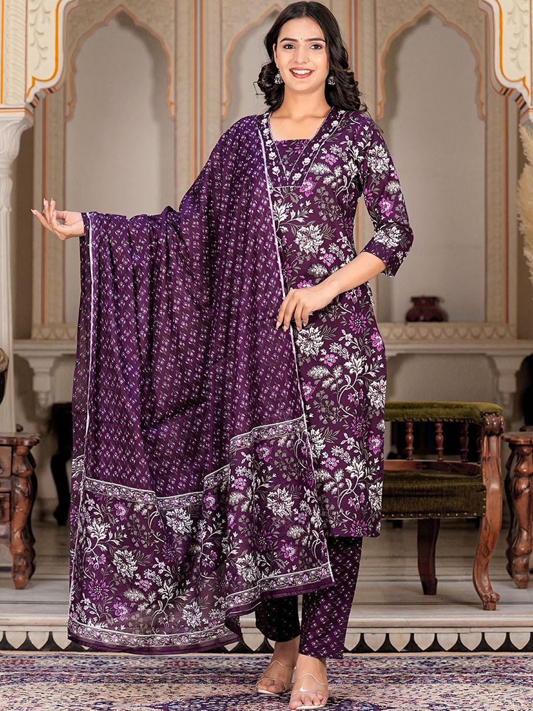 

KALINI Women Floral Embroidered Regular Mirror Work Pure Cotton Kurta with Trousers & With Dupatta, Violet