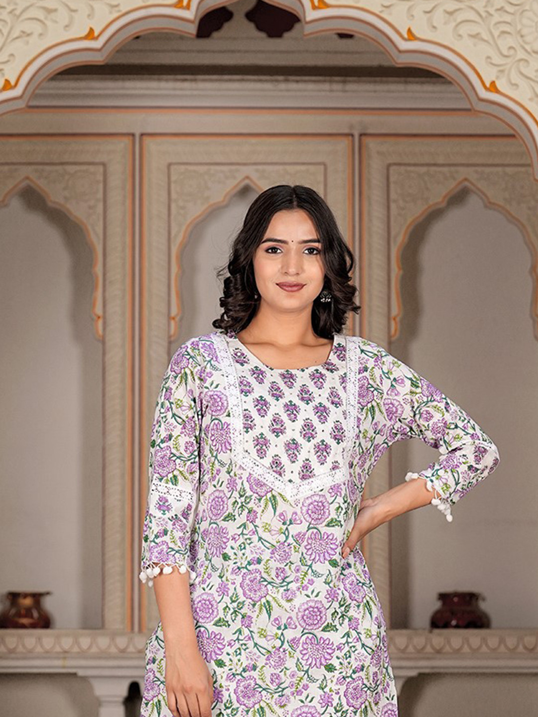 

KALINI Floral Printed Straight Mirror Work Pure Cotton Kurta with Trousers & Dupatta, White