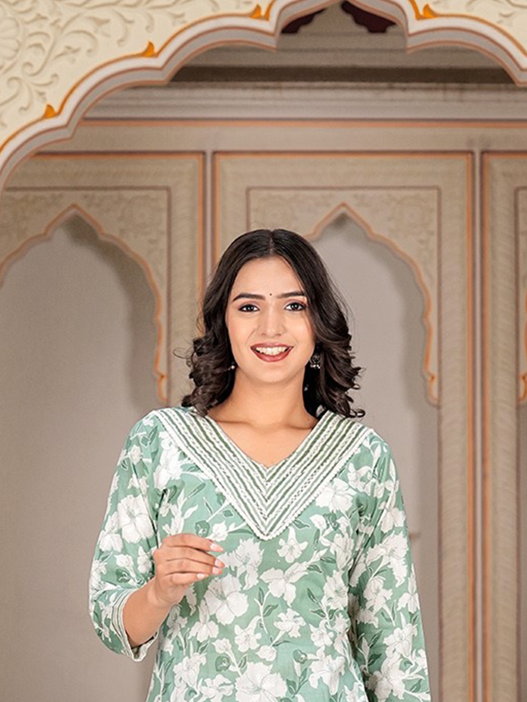 

KALINI Floral Printed Regular Thread Work Pure Cotton Kurta with Trousers & Dupatta, Green
