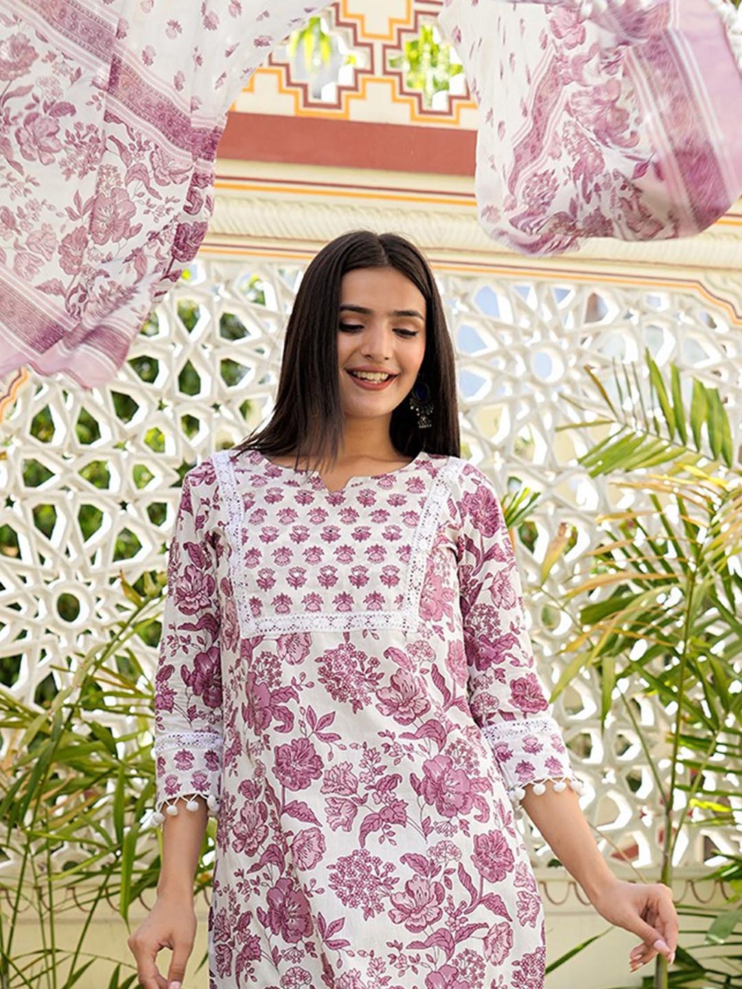 

KALINI Floral Printed Straight Pure Cotton Kurta with Trousers & Dupatta, White