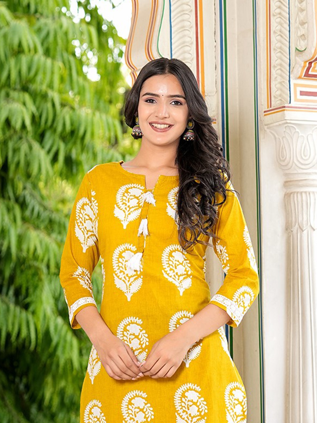 

KALINI Ethnic Motifs Printed Straight Pure Cotton Kurta with Trousers, Yellow