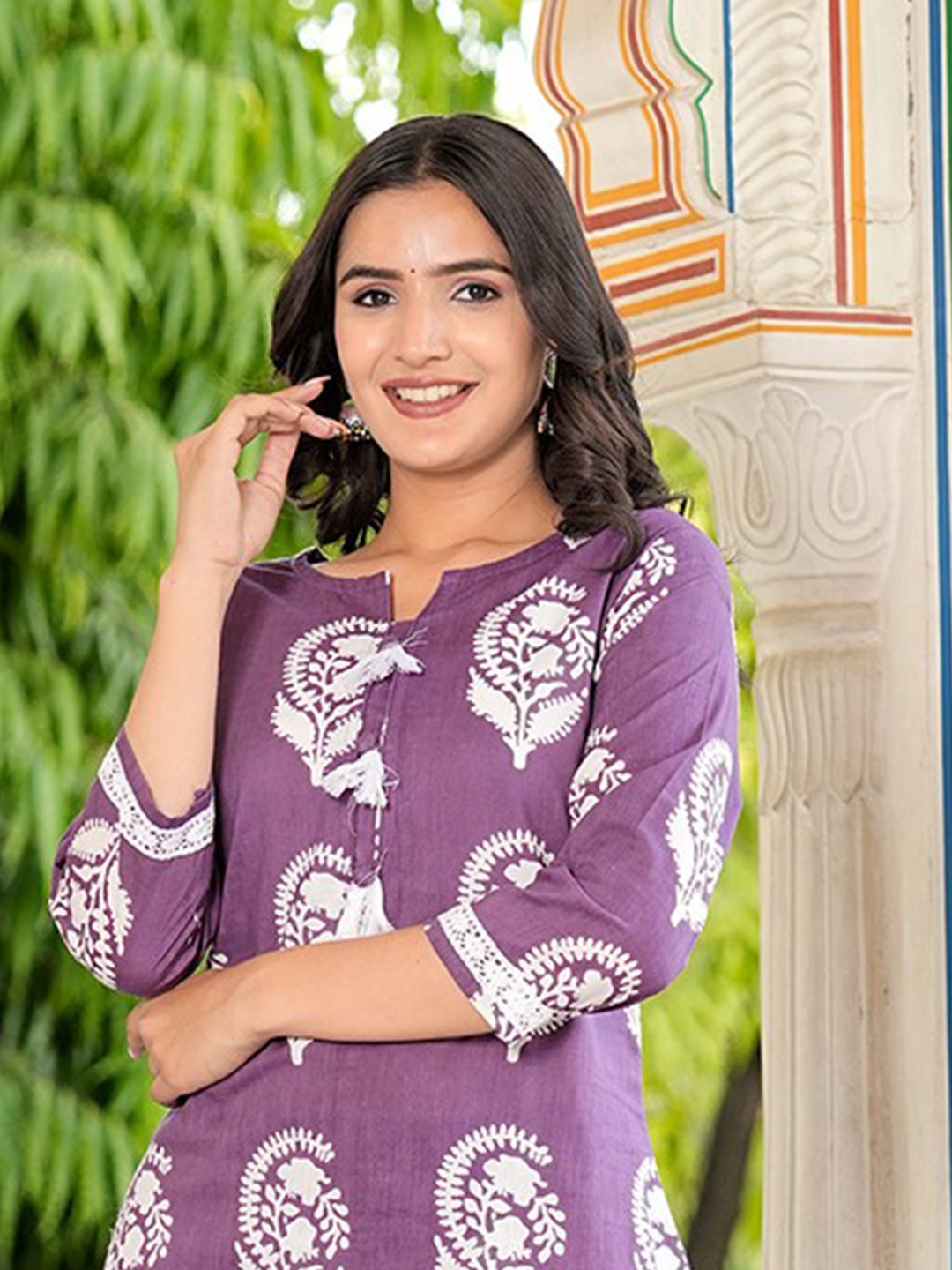 

KALINI Ethnic Motifs Printed Straight Pure Cotton Kurta with Trousers, Purple