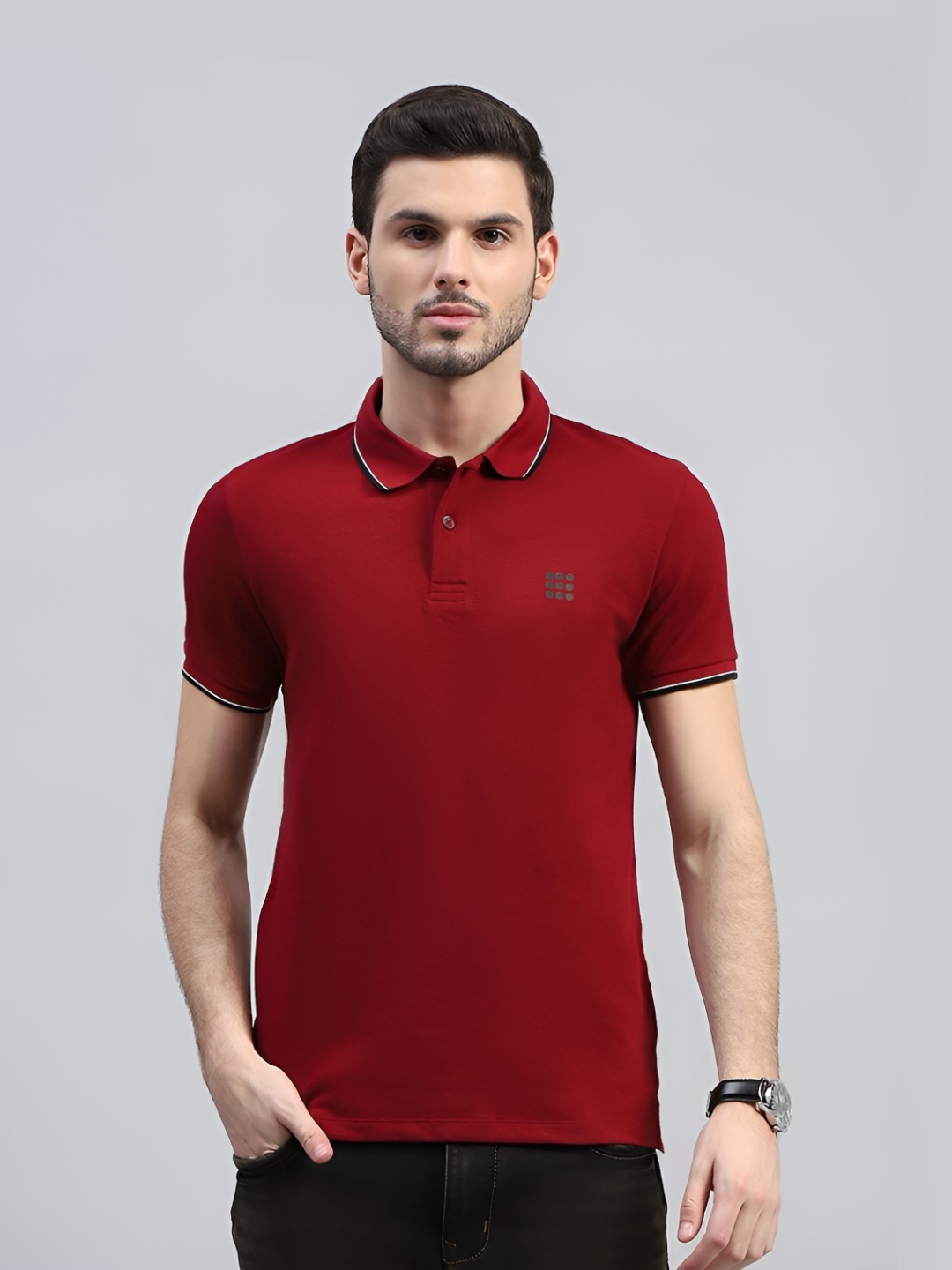 

rock.it Men Polo Collar Applique T-shirt, Maroon