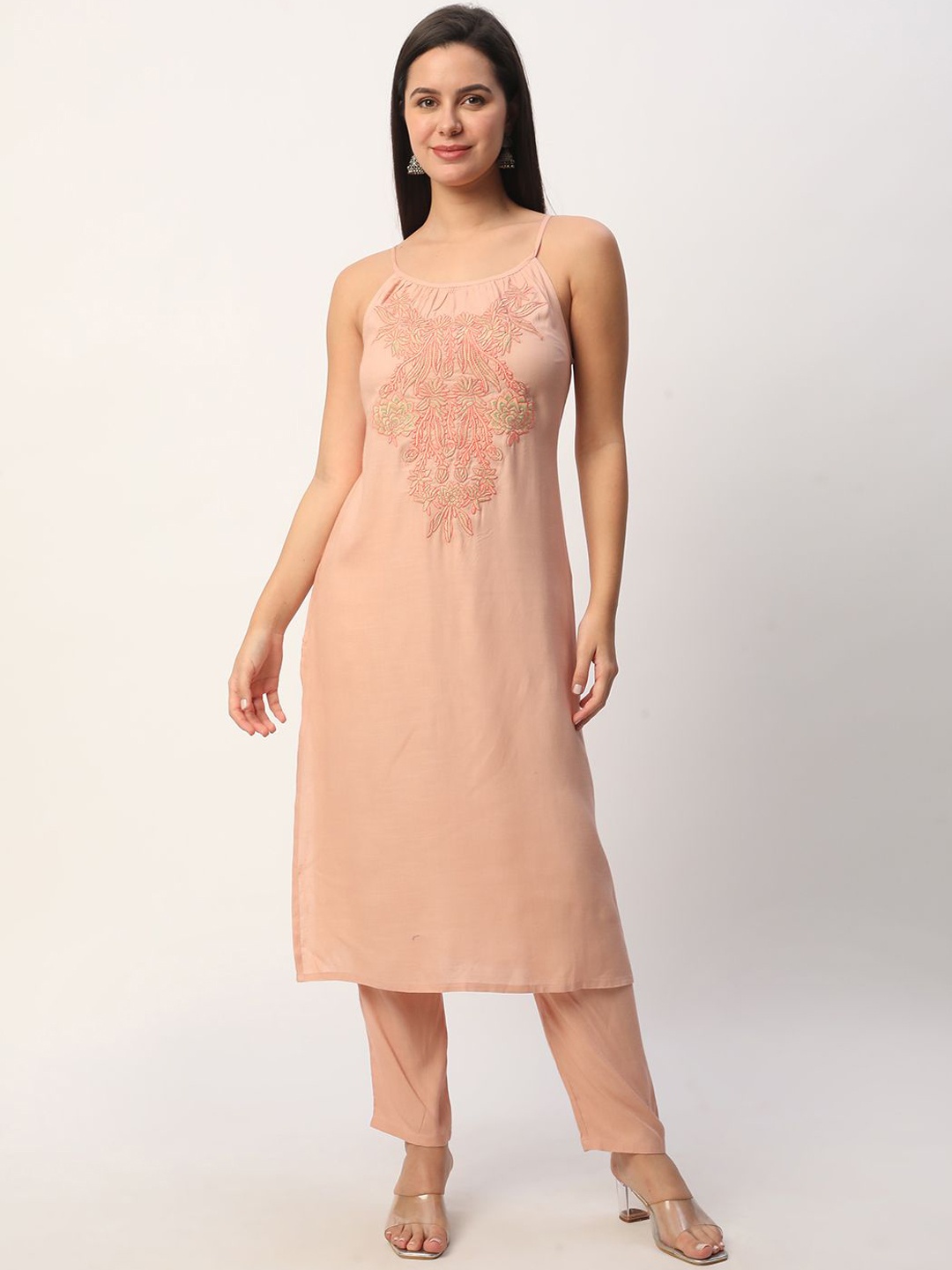 

R&B Floral Embroidered Thread Work Shoulder Straps Regular Kurta with Trouser, Pink