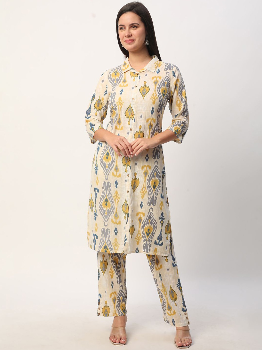 

R&B Ethnic Motifs Printed Shirt Collar Regular Kurta with Trouser, White
