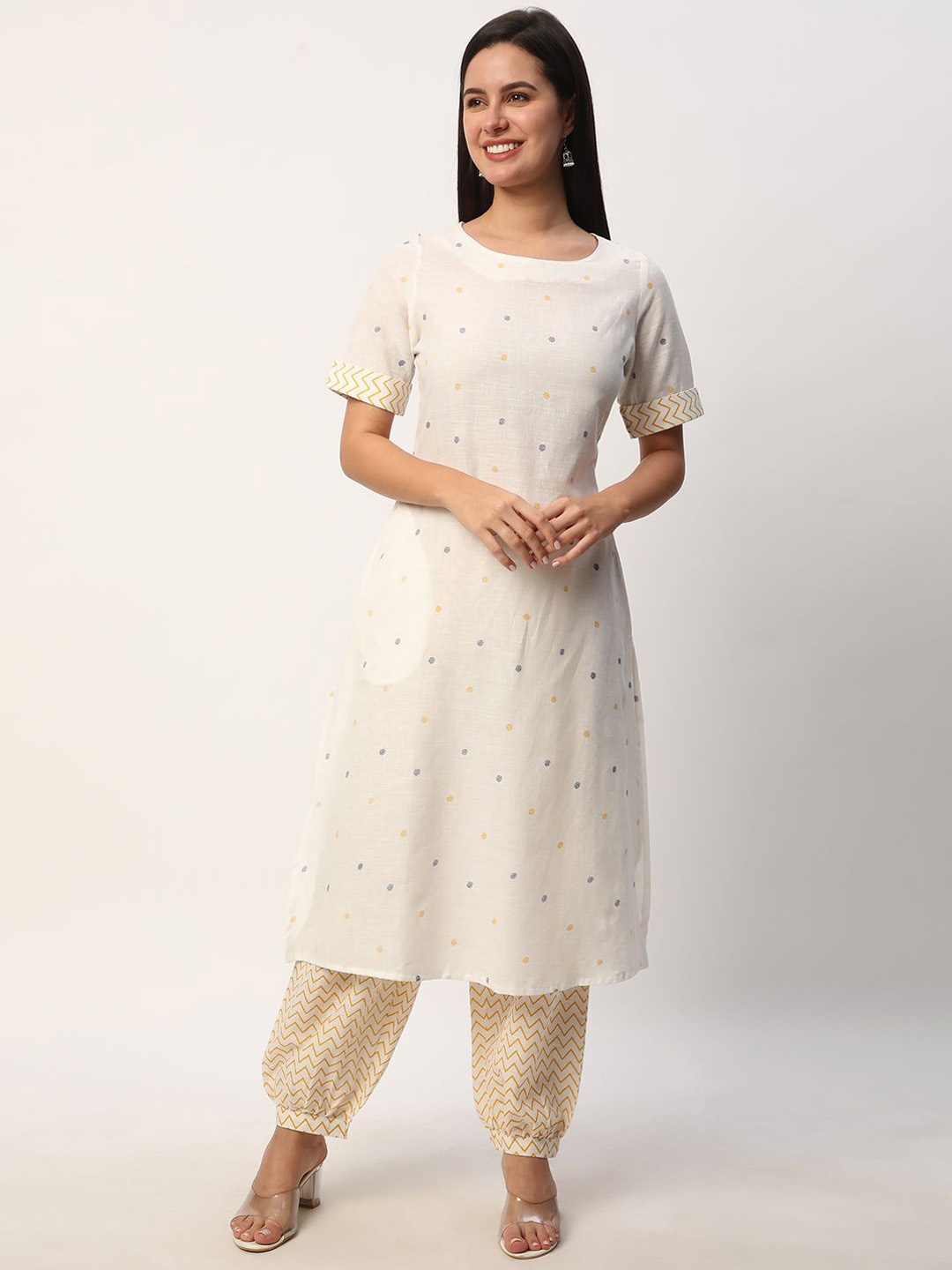 

R&B Geometric Printed Regular Pure Cotton Kurta with Trouser, White